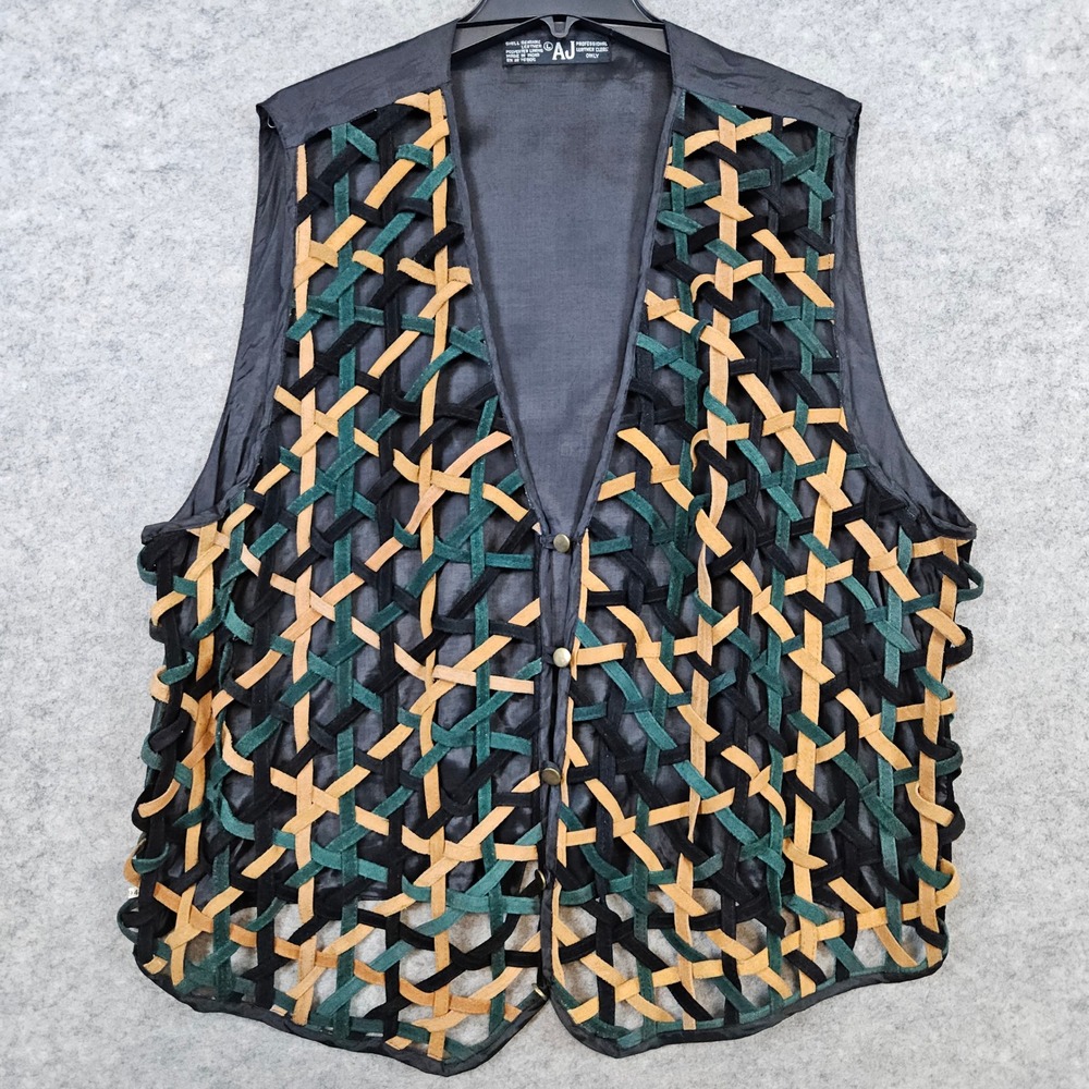 AJ Leather Loose Woven‎ Vest Size L Polyester Lined Vintage Brass Color Buttons
